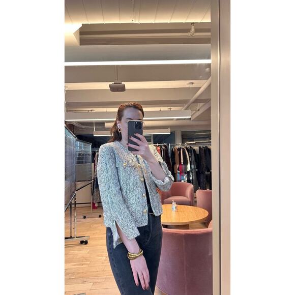 DEREK LAM COLLECTIVE Gray Gold Button Front Zip Up Sleeve Tweed Jacket Size 40 - Picture 3 of 14